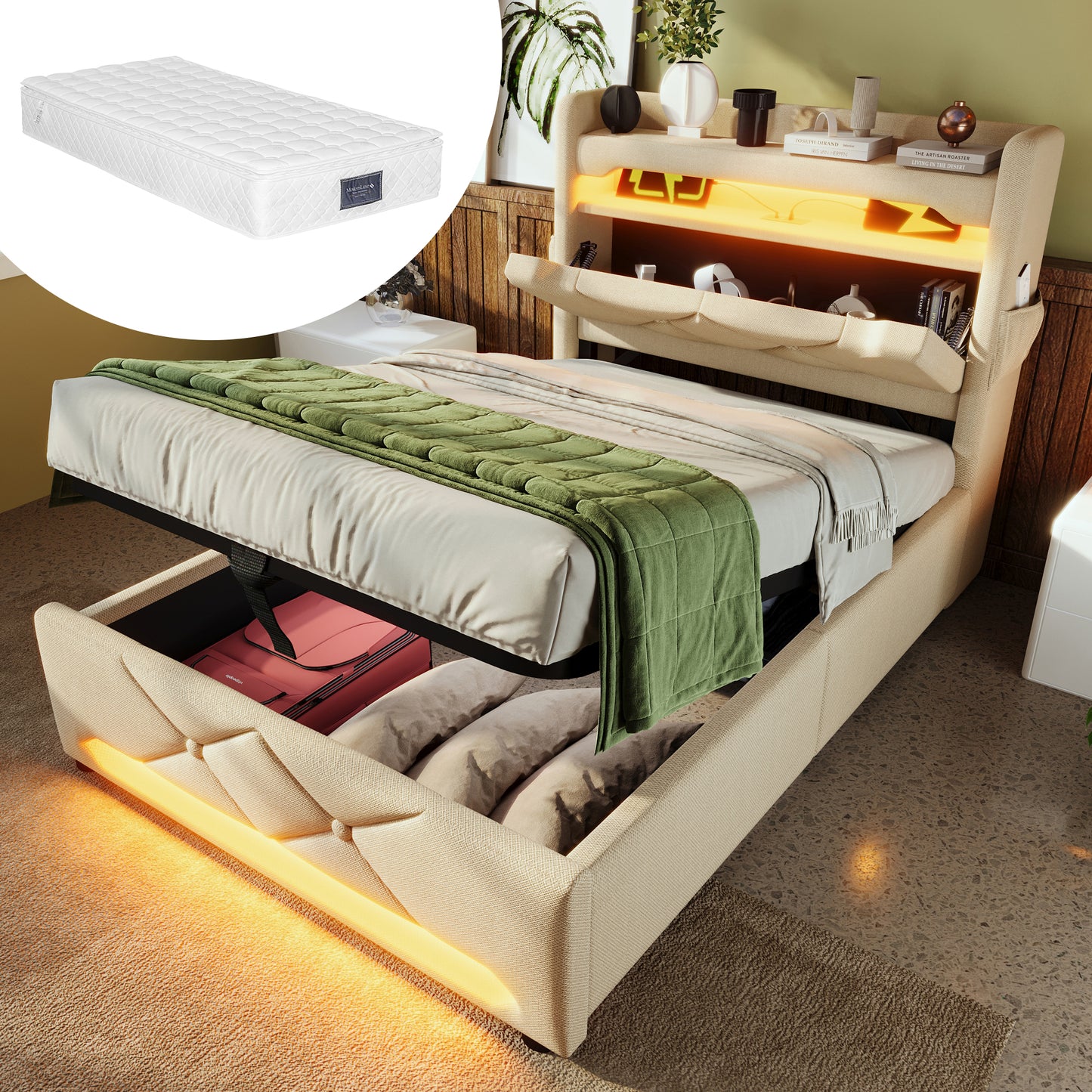 Gigab2b original image - Polsterbett Einzelbett 90*200, Stauraum Kopfteil mit USB und Typ C-Port ,360-Surround-LED-Funktion rund um Kopf- und Fußende des, Betten mit Hydraulisch Stauraum, Beige, Leinen(Mit Matratze)