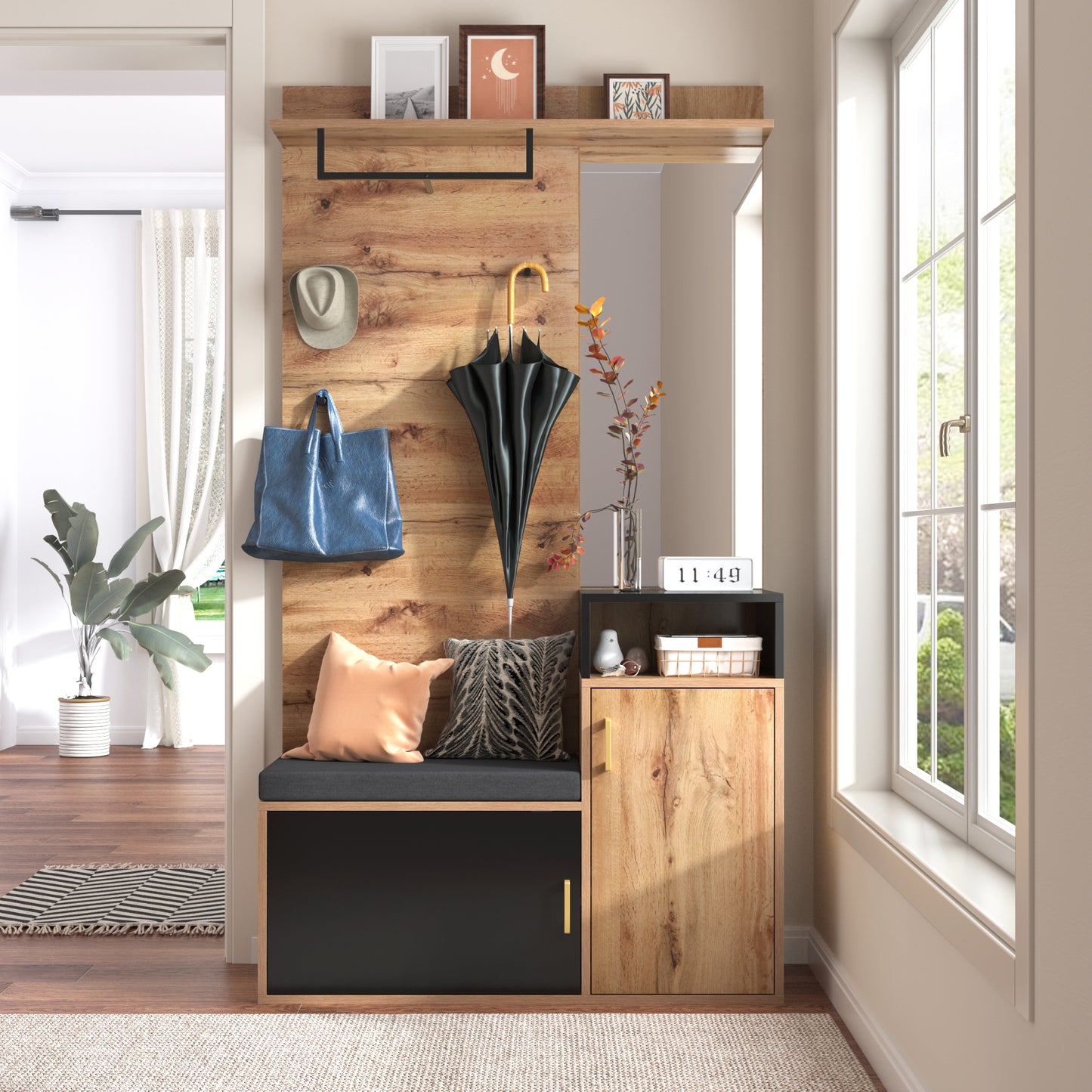 Gigab2b original image - Garderoben-Set,mit 4 Kleiderhaken, Spiegel, Schuhschrank, Wandgarderobe, oberes Ablagefach, Flurgarderobe Sitzbank. (Not a one-piece product, requires drilling and punching holes in the wall)