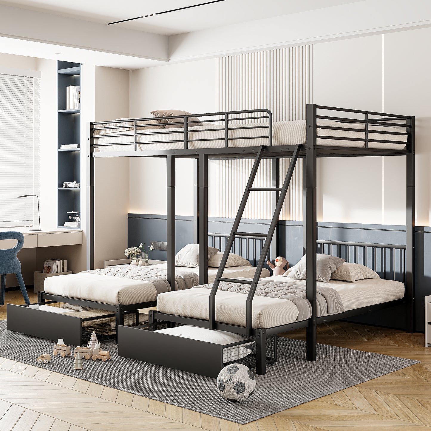 Gigab2b original image - Dreifaches Etagenbett mit Schubladen, Metallbettrahmen, umwandelbar in 140 x 200 Doppelbett und zwei 90 x 200 Einzelbetten, multifunktionales Metallrahmenbett, Schwarz
