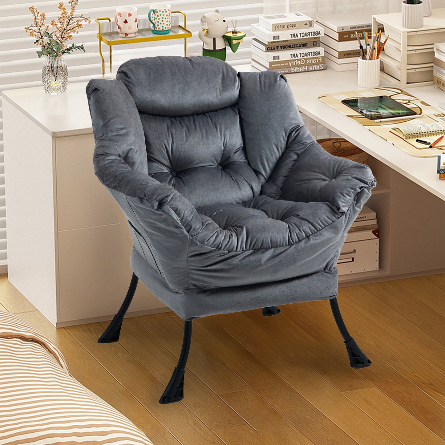 Gigab2b original image - Lazy Chair, Relaxing Chair with Metal Frame and a Side Pocket, Simple Style Comfy Chairs for Bedrooms Living Room Balcon