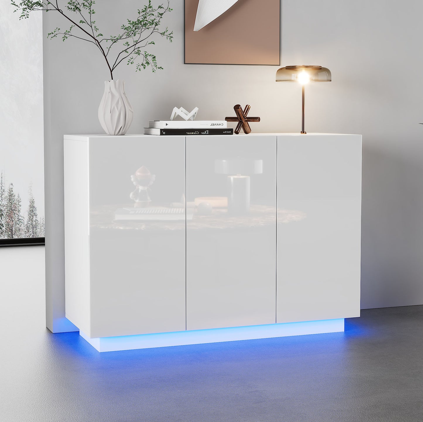 Gigab2b original image - Esszimmerschrank Hochglanz offen und geschlossen, weißes Sideboard, Sockel LED-Licht, Kommode Foyerschrank 120*40*75CM