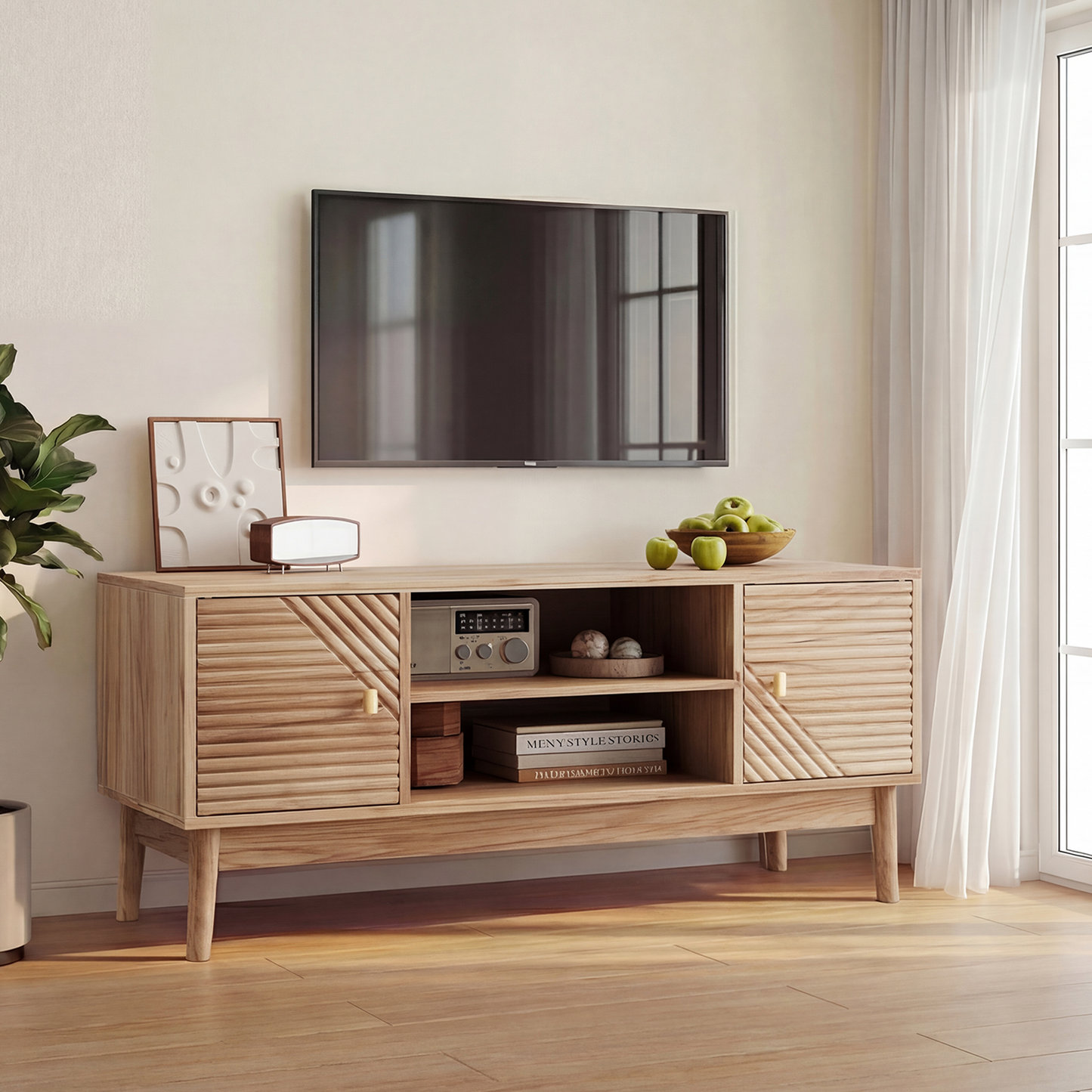 110 cm hoher TV-Ständer, TV-Ständer im Mid-Century-Modern-Stil, geeignet für 32/45-Zoll-Fernseher, Entertainment-Center mit Stauraum, Medienkonsole für Wohn- und Schlafzimmer, Eichenfarbe