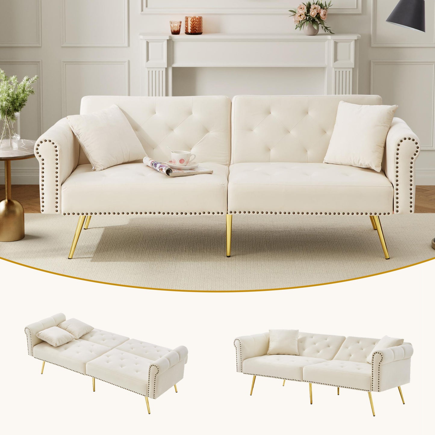Gigab2b original image - Modernes 2-Sitzer-Schlafsofa – Samtbezug, Rückenlehne mit 3-stufiger Verstellung & vergoldete Metallfüße Stilvolles Sofa mit Schlaffunktion – platzsparend, belastbar, ideal für kleine Räume