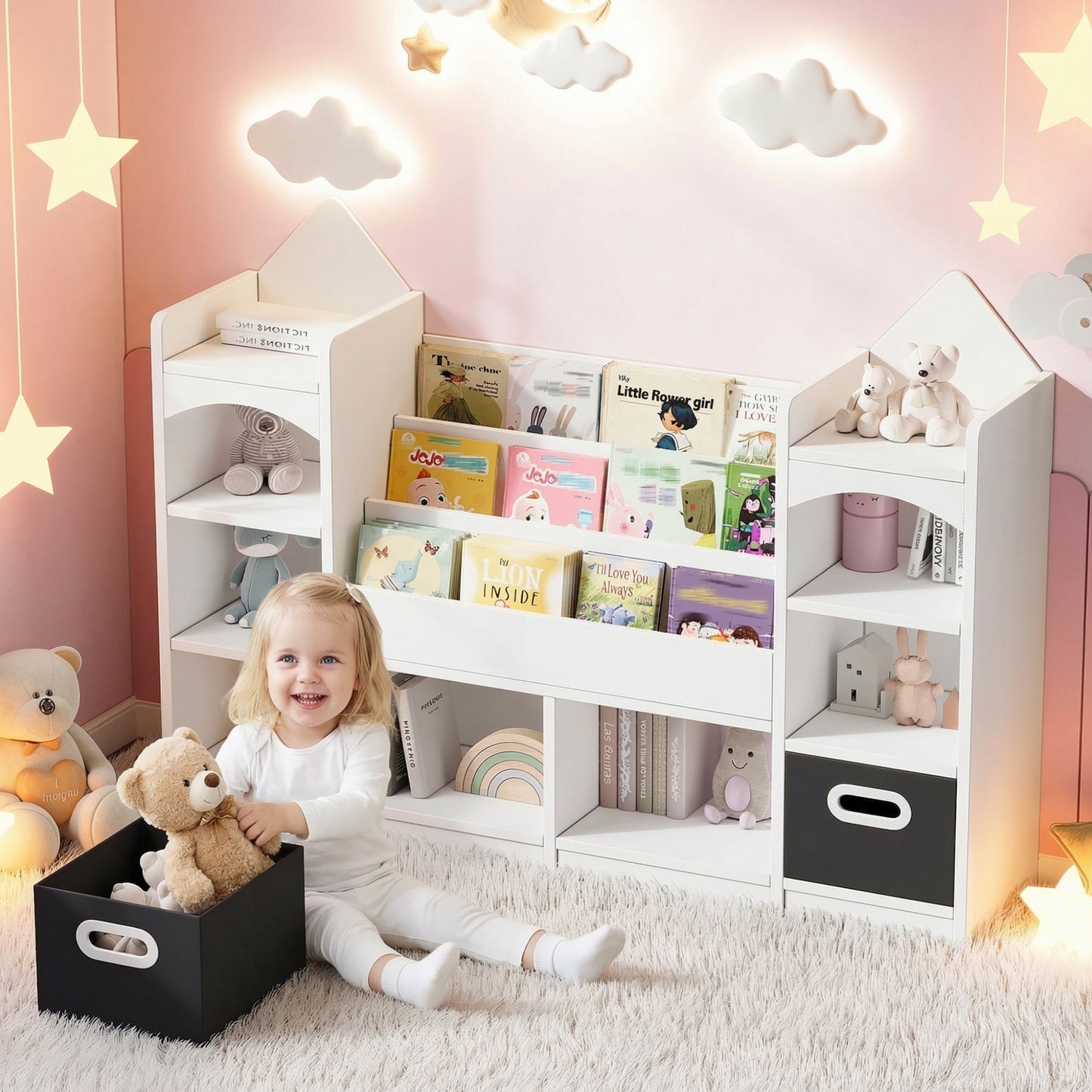 Bilderbuchregal, Kinderbuchregal, mehrstöckiger Kinderschrank, Kinderzimmermöbel, Spielzeugaufbewahrung, Ablageregal, Kinderaufbewahrungsschrank, mit 2 klappbaren Aufbewahrungsboxen, Weiß, 130*30*90cm