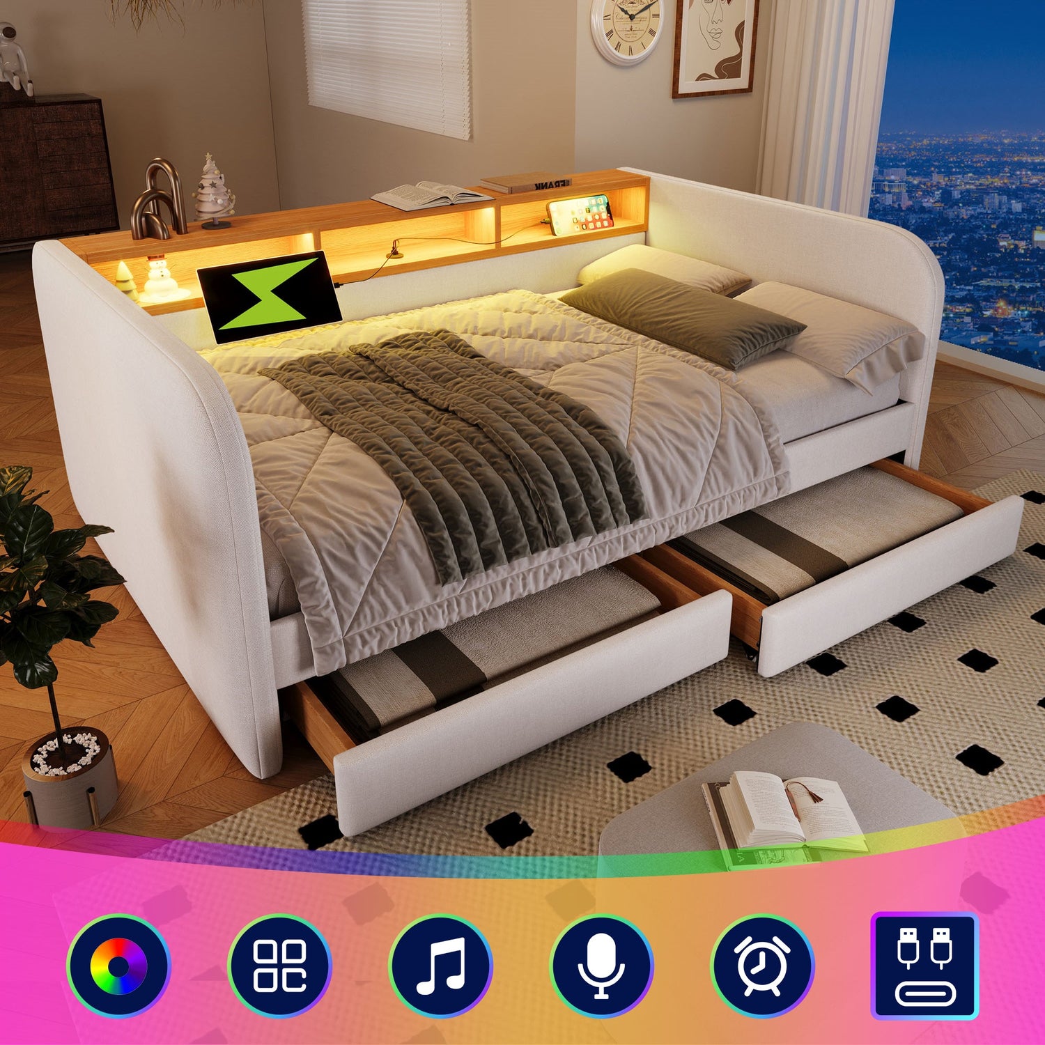 (=AB20754142B)Polsterbett Tagesbett 140x190 cm, Schlafsofa mit LED und USB-C Ladefunktion, Daybett mit 2 Schubladen und 
