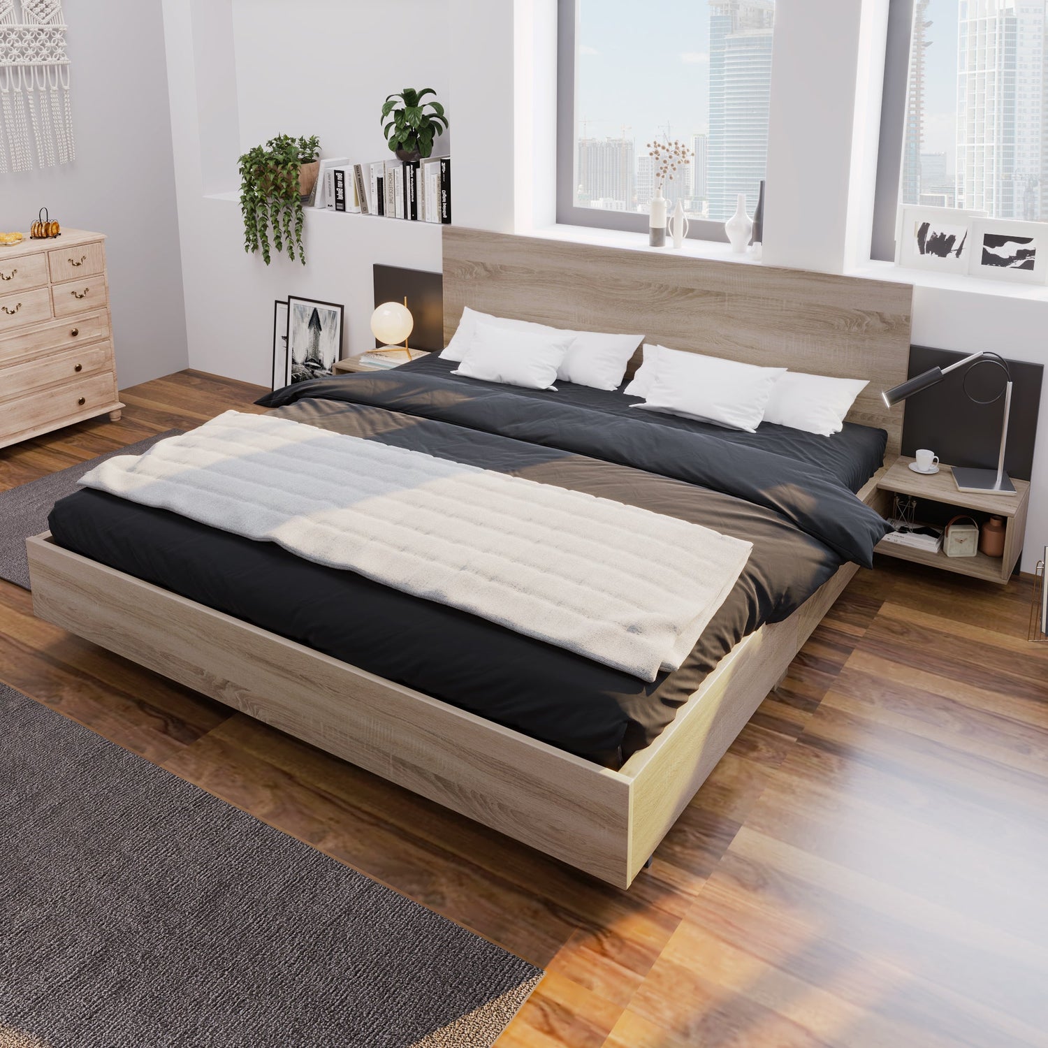 (=280708AAE)Doppelbett Holzbett Bettanlage 160 x 200 cm mit 2 Nachtkommoden Modernes Bett inkl. 2 Nachttischen Schlafzim