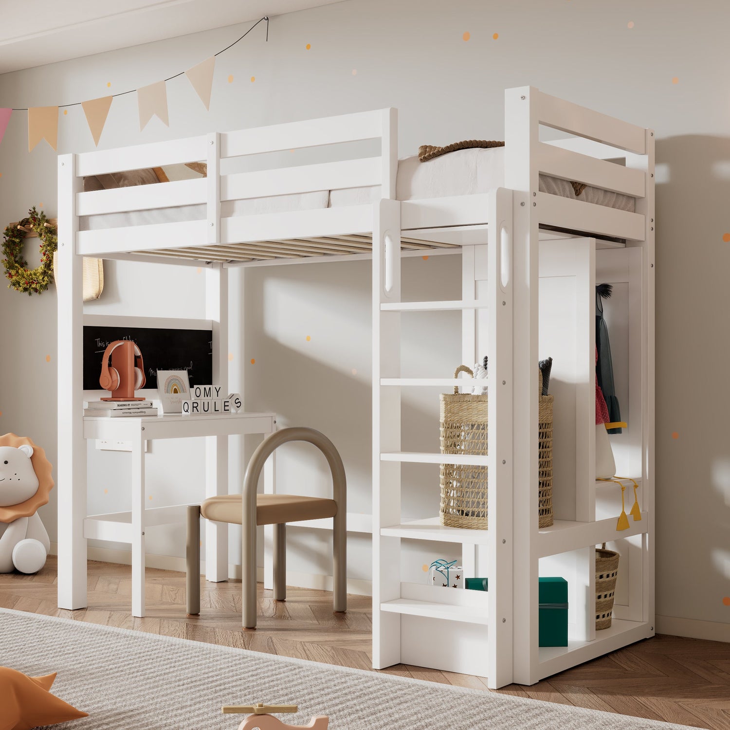 (=AB30624901W)Kinderbett Hochbett mit Schreibtisch Offener Kleiderschrank und Regalen Kinderbett mit Lattenrost und Raus