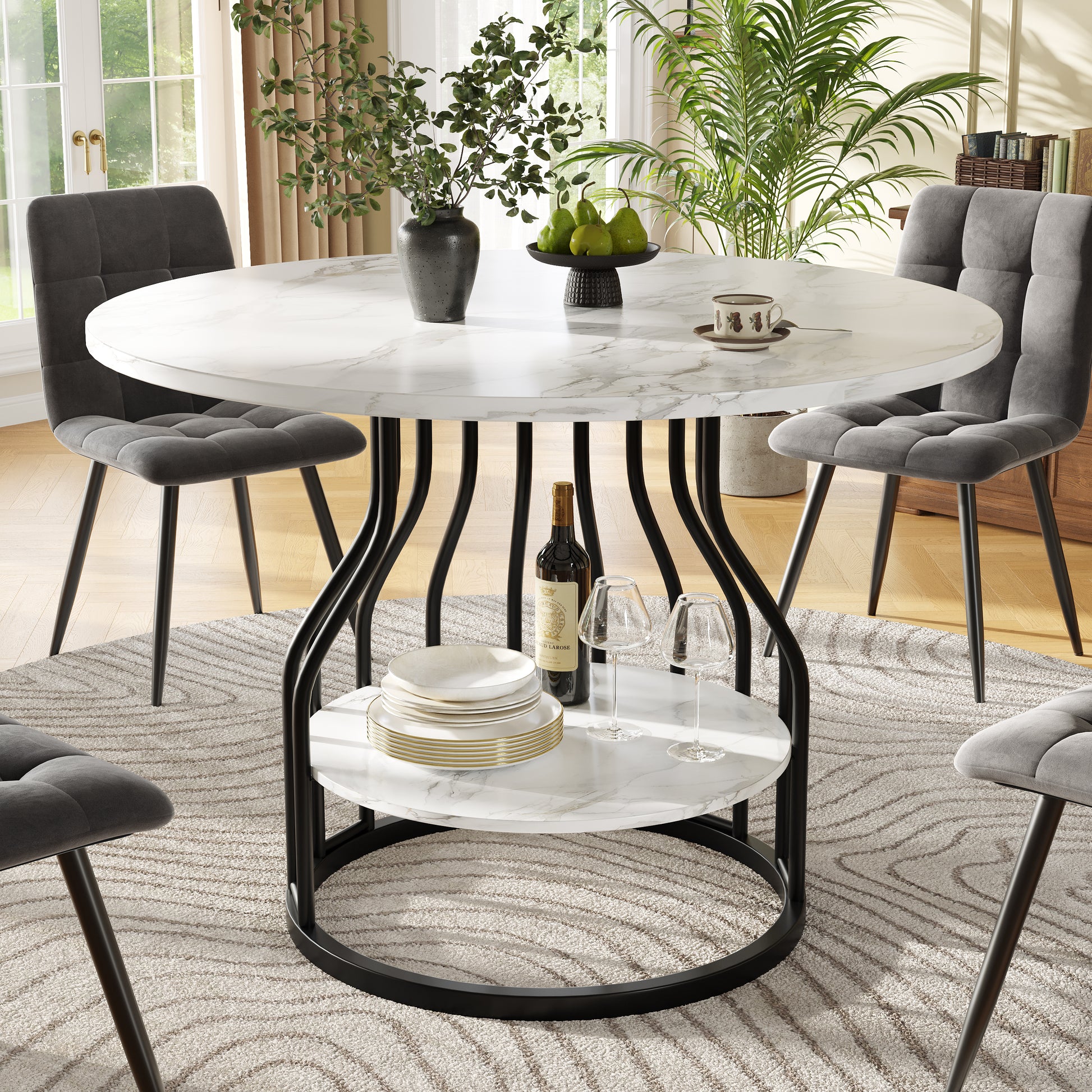 Gigab2b original image - Runder Esstisch (80×80×76cm), Küchen-Esstisch, runder Couchtisch für 4 Personen, kleine runde Platte in der Mitte zur Aufbewahrung, geeignet für Esszimmer, Wohnzimmer, MDF-Marmor-Tischplatte, schwarz