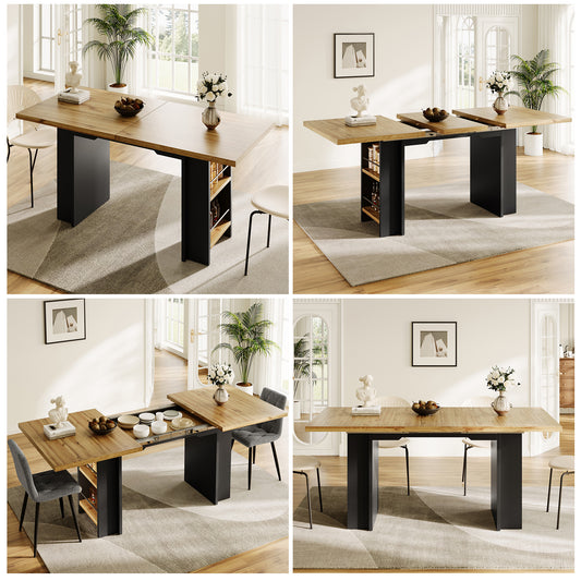 Gigab2b original image - Esstisch Teleskoptisch (120-160×80cm), Tisch mit Regalen, Küchentisch, Ausziehtisch, mit Hilfe innenliegender Einlegeplatten auf 120-160cm ausziehbar, für Küche und Wohnzimmer, Holzfarbener