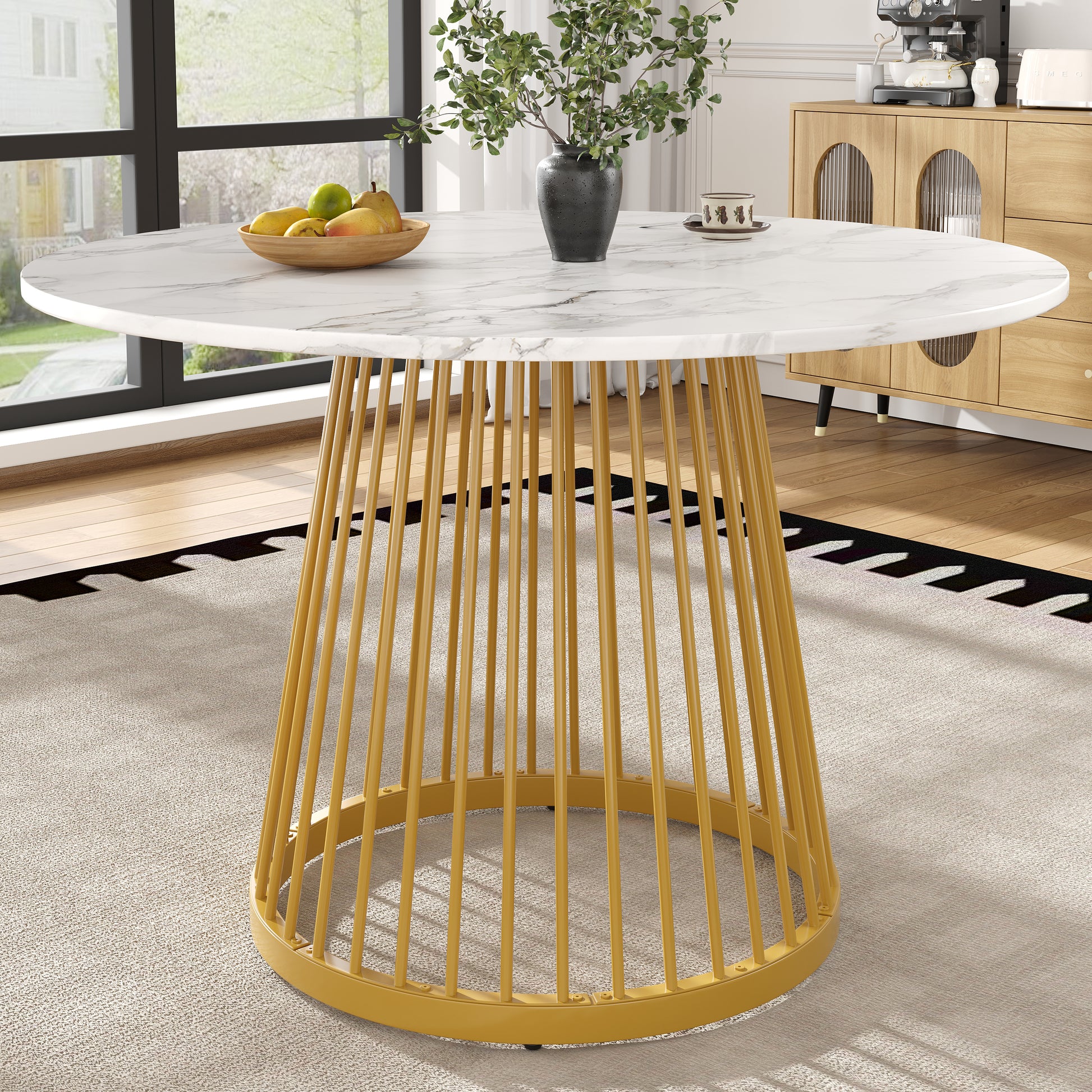 Gigab2b original image - Runder Esstisch (80×80×76cm), Küchentisch,, Runder Kaffeetisch für 4,geeignet für Esszimmer, Wohnzimmer,Tischbeine aus Metall,MDF marmorierte Tischplatte, goldene Beine
