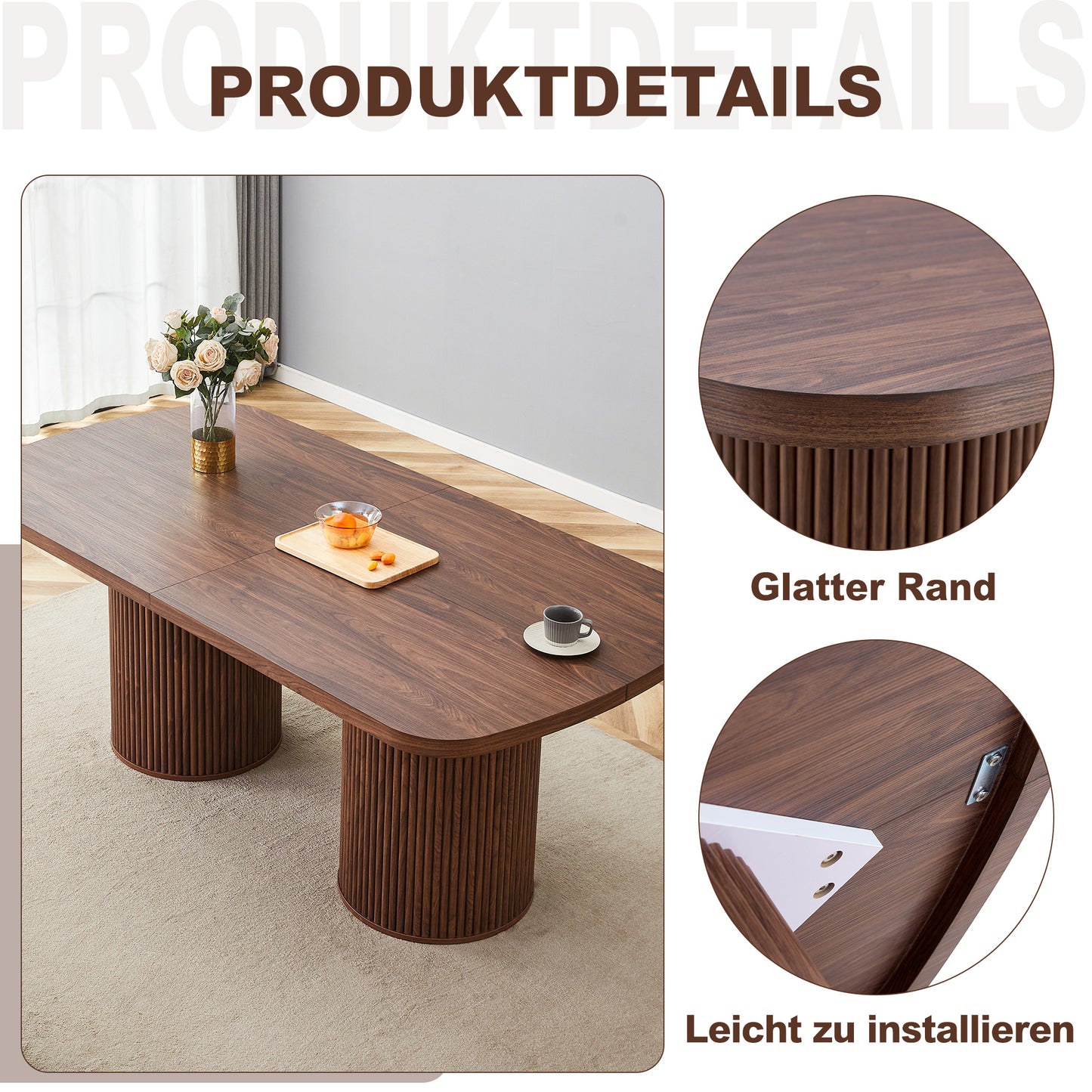 Moderner ovaler Esstisch mit geriffeltem Säulenfuß, hochwertiger MDF-Oberfläche in Holzoptik, im Wabi-Sabi- und Mid-Century-Stil für die heimische Küche