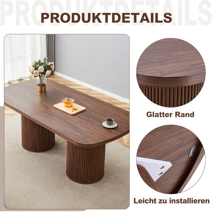 Moderner ovaler Esstisch mit geriffeltem Säulenfuß, hochwertiger MDF-Oberfläche in Holzoptik, im Wabi-Sabi- und Mid-Century-Stil für die heimische Küche