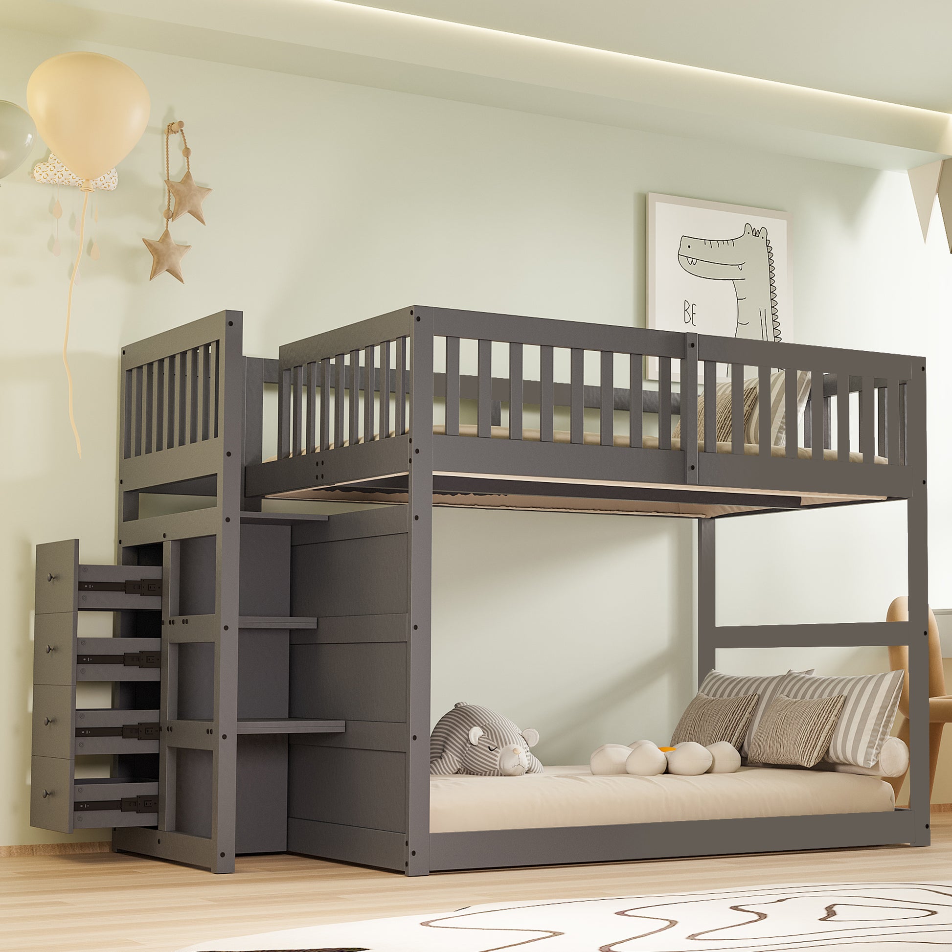 Gigab2b original image - Niedriges Etagenbett140 x 200 cm, Sicherheits-Etagenbett mit Staufach, hohes Zaun-Design, Holzbett, grau