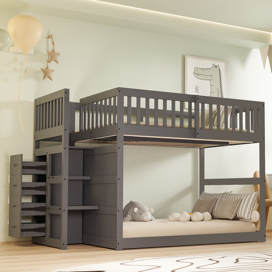 Gigab2b original image - Niedriges Etagenbett140 x 200 cm, Sicherheits-Etagenbett mit Staufach, hohes Zaun-Design, Holzbett, grau