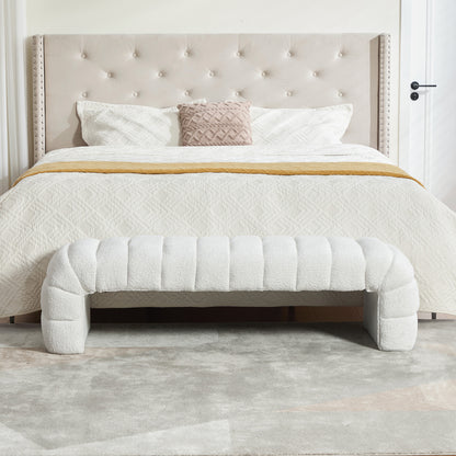 Moderner armlehnloser Chenille-Polsterbettbank mit Rillenpolsterung, Chaiselongue & Hocker für Wohnzimmer, Schlafzimmer, Eingangsbereich,Ivory