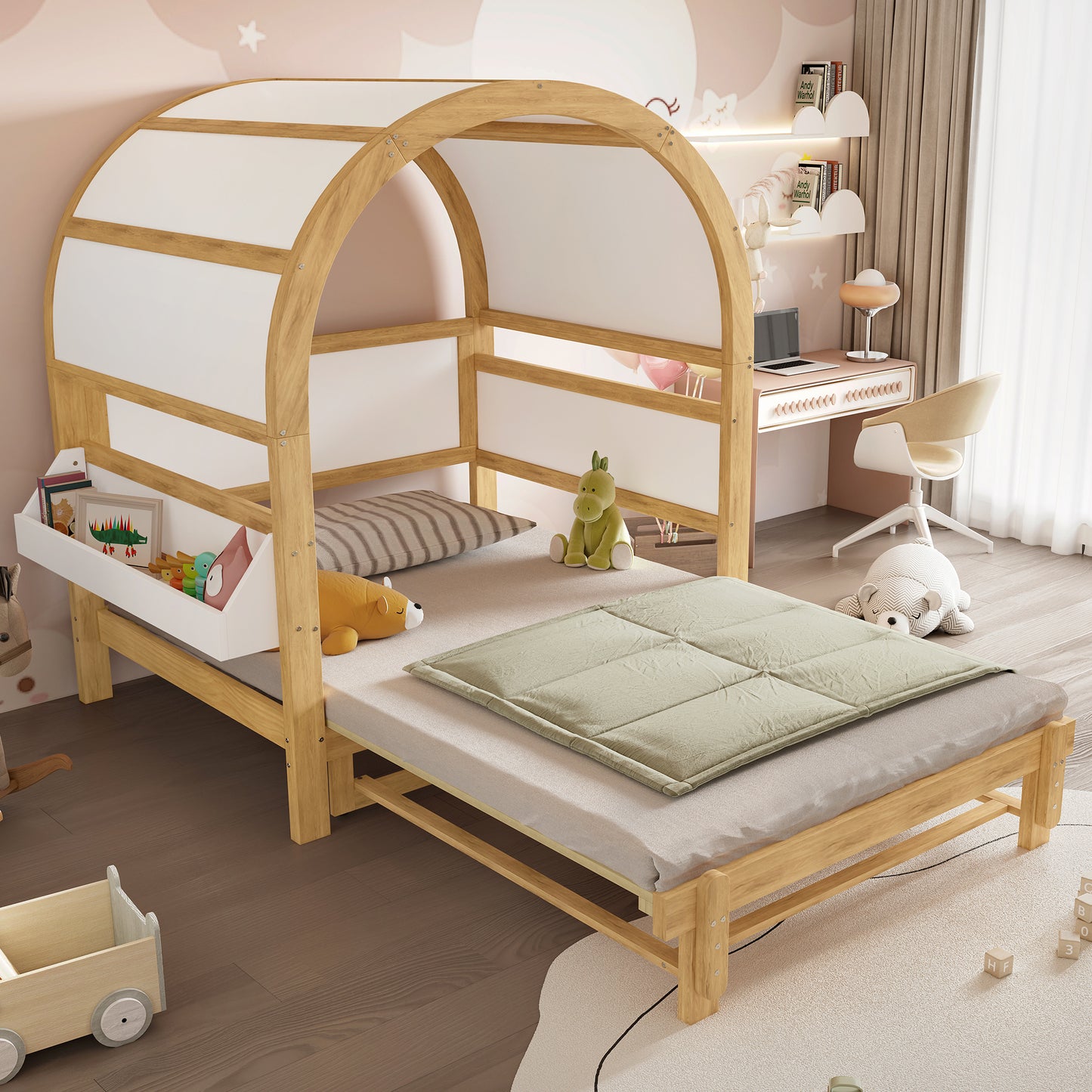 Gigab2b original image - Erweiterbares Gewölbtes Dachbett, Schiebebett, Kinderbett, Tagesbett, Kleine seitliche Ablagefläche, Kiefer+MDF, Weiß+Natur, 140x200cm