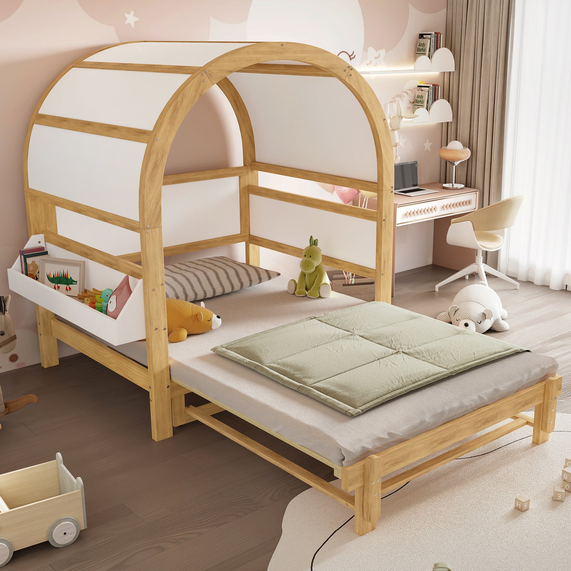 Gigab2b original image - Erweiterbares Gewölbtes Dachbett, Schiebebett, Kinderbett, Tagesbett, Kleine seitliche Ablagefläche, Kiefer+MDF, Weiß+Natur, 140x200cm