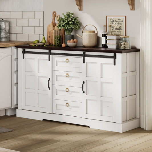 150 x 40 x 85 cm Sideboard mit Stauraum, Schiebetüren und vier Schubladen. Sideboard im Landhausstil im Vintage-Look mit verstellbaren Einlegeböden. Geeignet für Küchen, Esszimmer und Wohnzimmer.