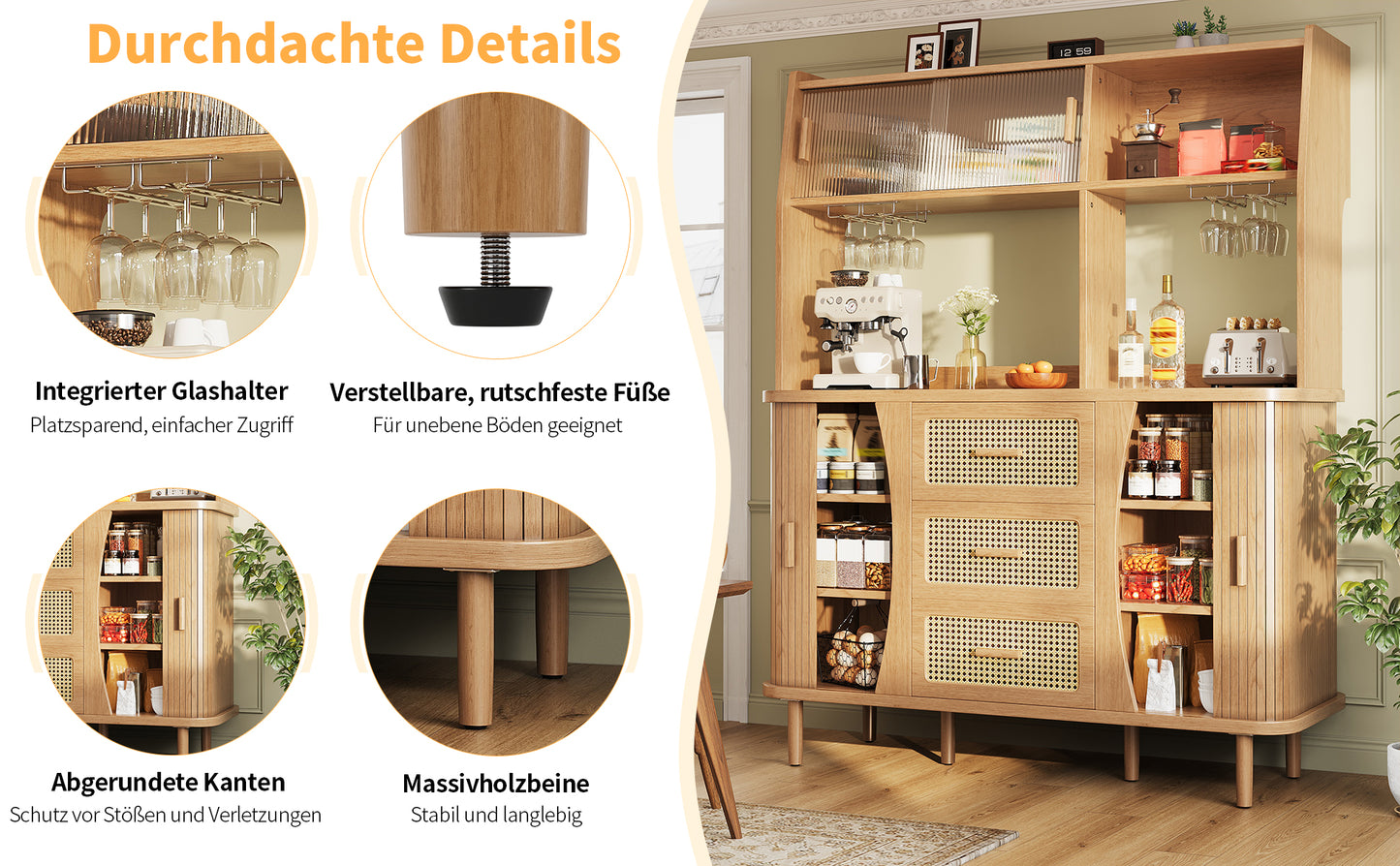 High-Quality Rattan Buffet Cabinet with Glass Doors and Storage