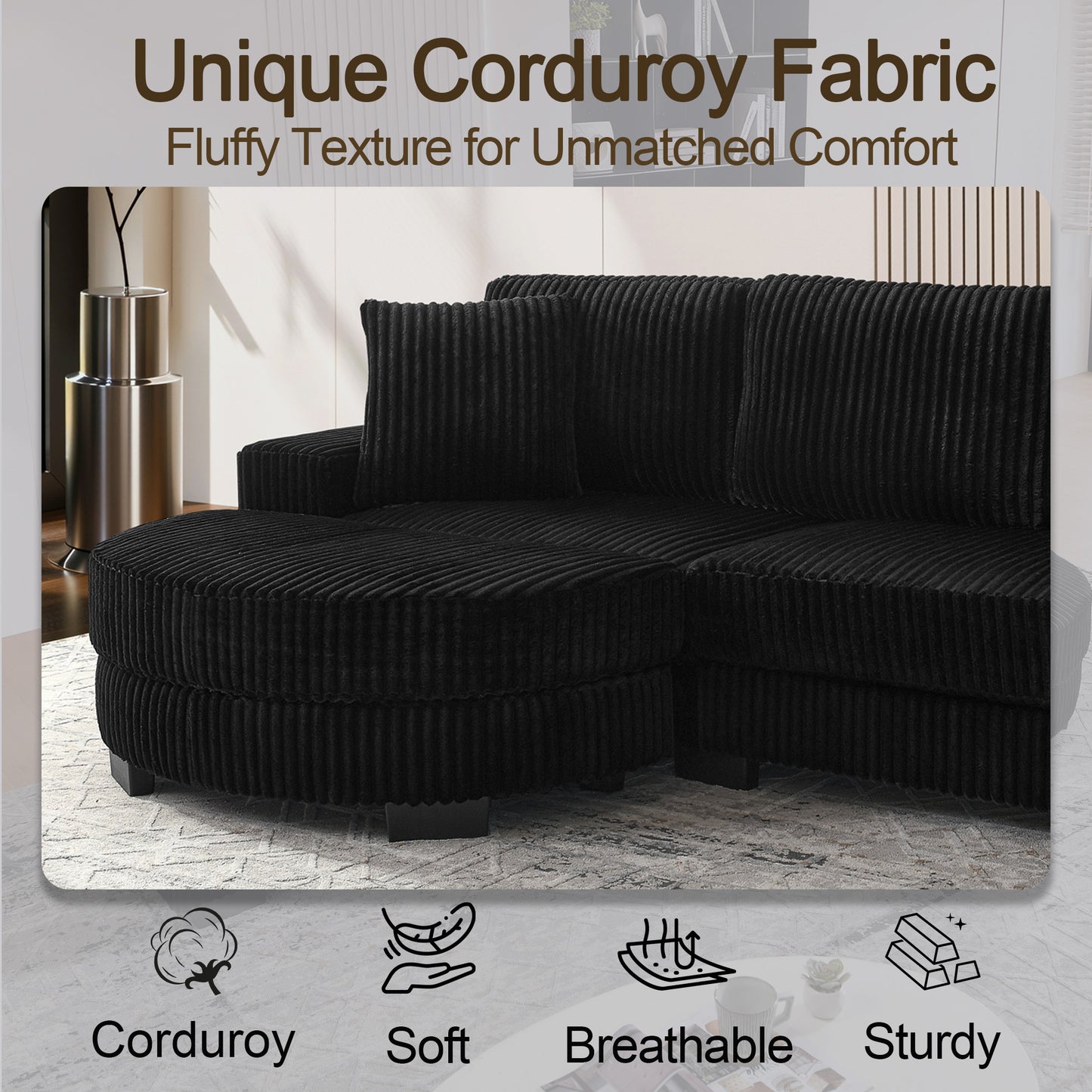 L-formiges Ecksofa 4-Sitzer Sofa, 256 5 x 133 , Klassisches Corduroy, Modulares Design mit Ovalem Hocker, 2