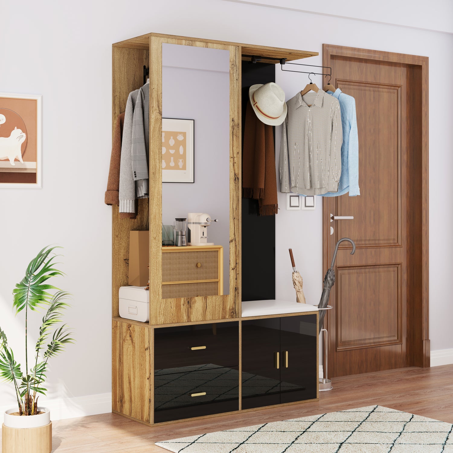 Gigab2b original image - Elegantes Kleiderschrankset in Schwarz und Holzfarbe mit Spiegel, Schuhschrank, Schuhbank mit Haken und ausziehbaren Kleiderbügeln.