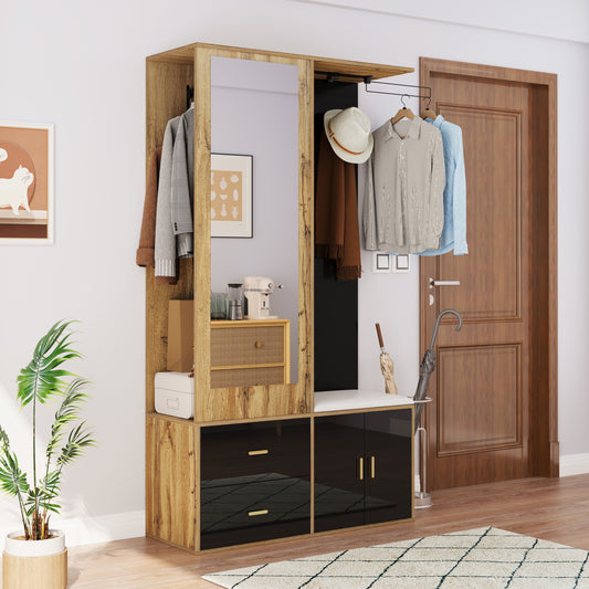 Gigab2b original image - Elegantes Kleiderschrankset in Schwarz und Holzfarbe mit Spiegel, Schuhschrank, Schuhbank mit Haken und ausziehbaren Kleiderbügeln.