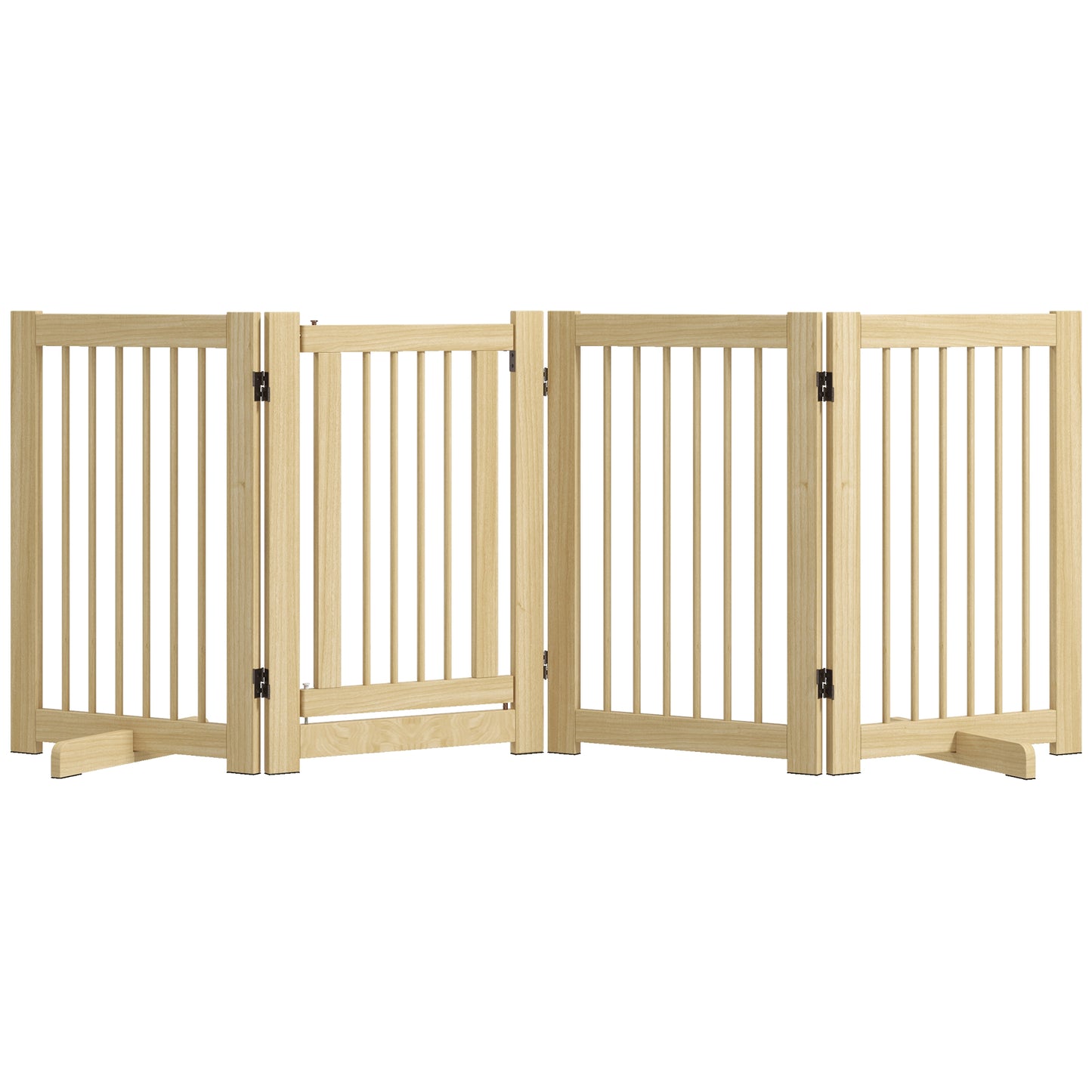 Absperrgitter Hund 4-teilig 204 x 75 cm faltbar mit Tür, freistehend Hundegitter aus Holz mit 2 Stützfüßen für Flur Küche Treppe Natur