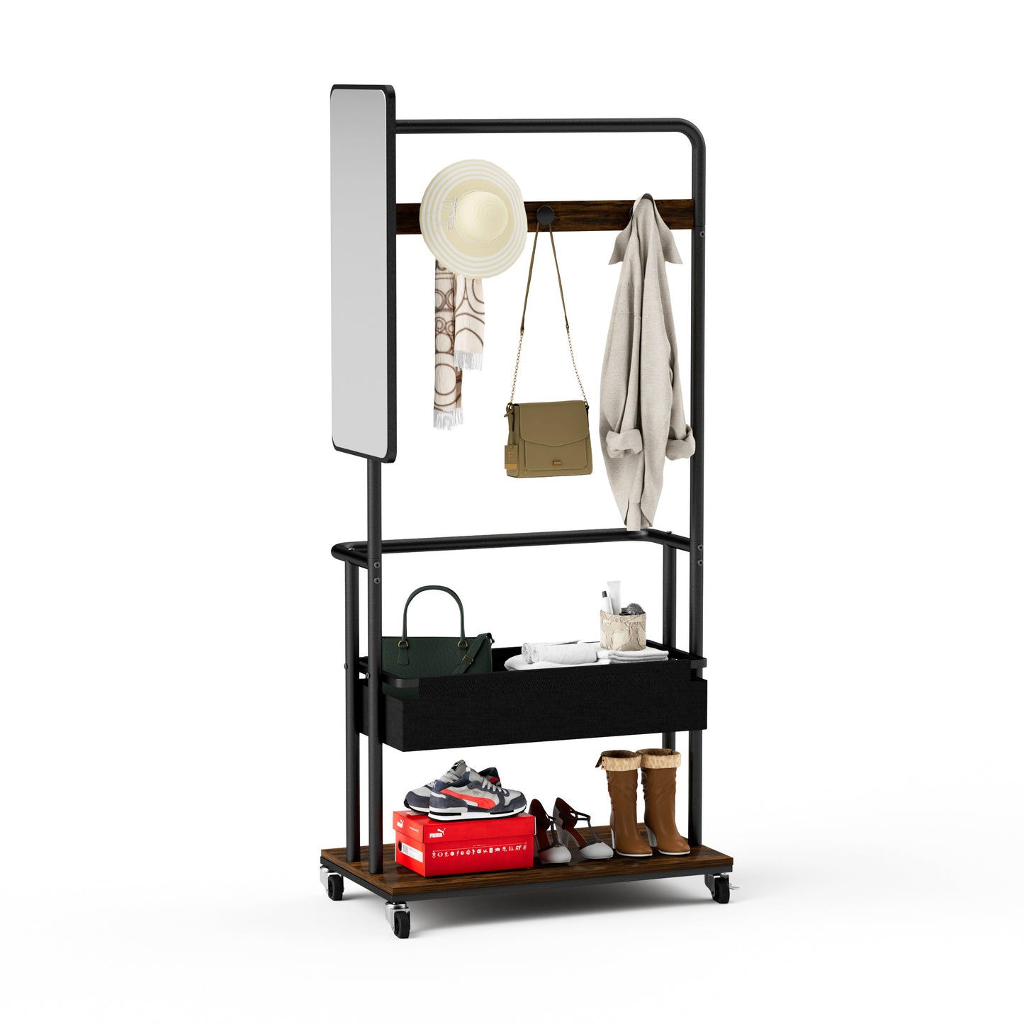 Gigab2b original image - Robuste Metallgarderobe mit Rollen, 3-in-1-Design mit Korb und Spiegel, hängende Garderobe, mobile Garderobe mit Rädern, Garderobe mit großem Stauraum, Vintage-Braun, 70*40*170cm