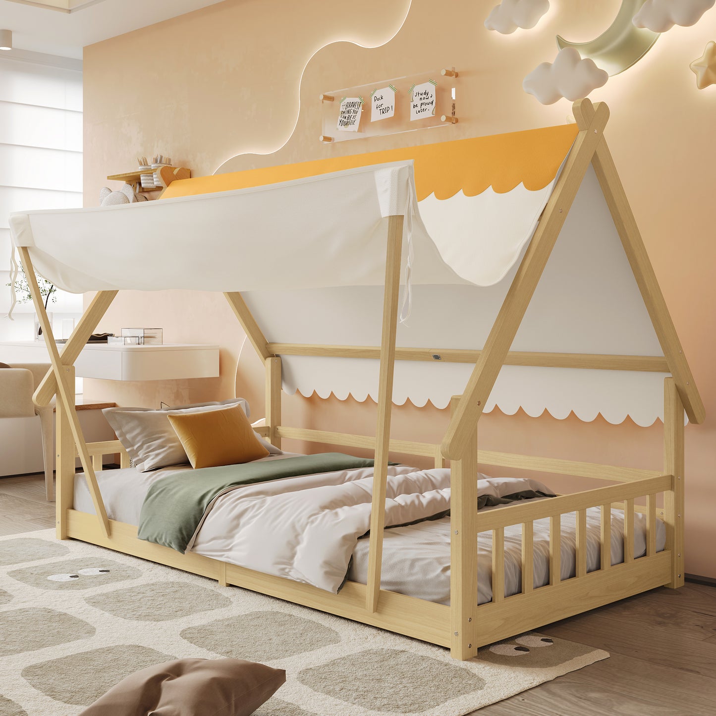 Gigab2b original image - Holzbetten, Kinderbett, Einzelbett, Exquisites Holzhausdesign, Das Zelt ist abnehmbar, Stabile Lattenroste, Mit Sicherheitsgeländer , Kiefer + Sperrholz, Natur, 90x200cm