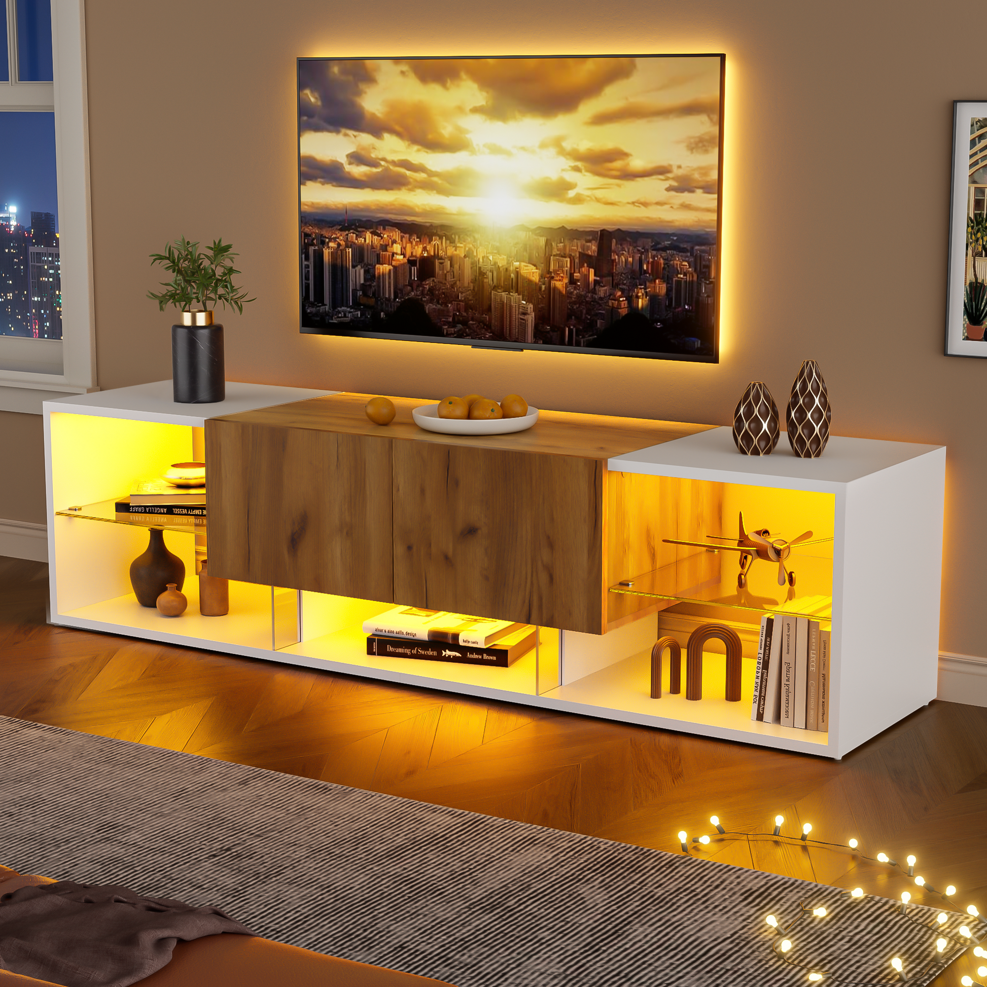 3 Tier TV Console Cabinet for TVs Up to 70", modernes TV-Konsolen-Entertainment-Center mit Glasplatten-Aufbewahrungsplattform und 2 Schubladen, TV Stand, geeignet für Wohnzimmer, Schlafzimmer, Weiß