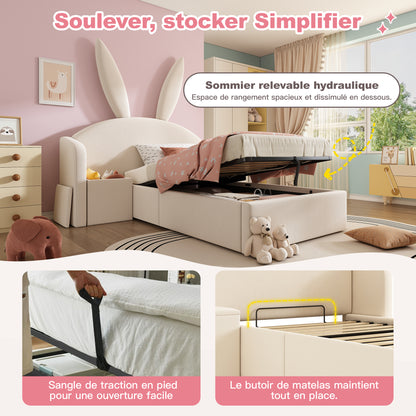 Jugendbett 90x200cm mit Bettkasten Hydraulisch, Polsterbett mit Nachttisch & Hasenohr-Design, Samtstoff Bettgestell, Beige (Ohne Matratze)