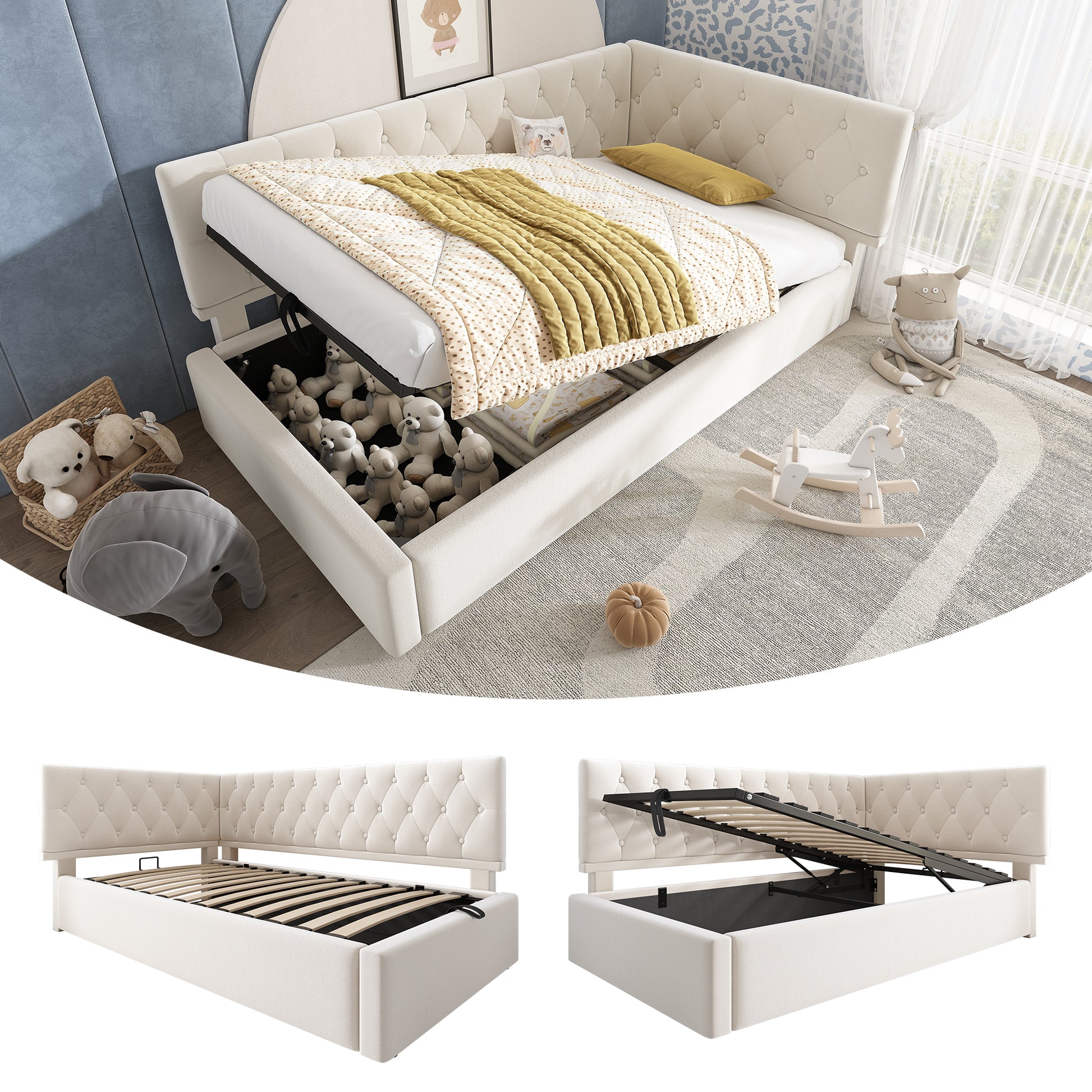 Gigab2b original image - Polsterbett Tagesbett Daybett 90x200cm, Schlafsofa mit hydraulischem Stauraum, Kinderbett Jugendbett Bettgestell mit Lattenrost aus Holz, Samt, Beige, ohne Matratze.