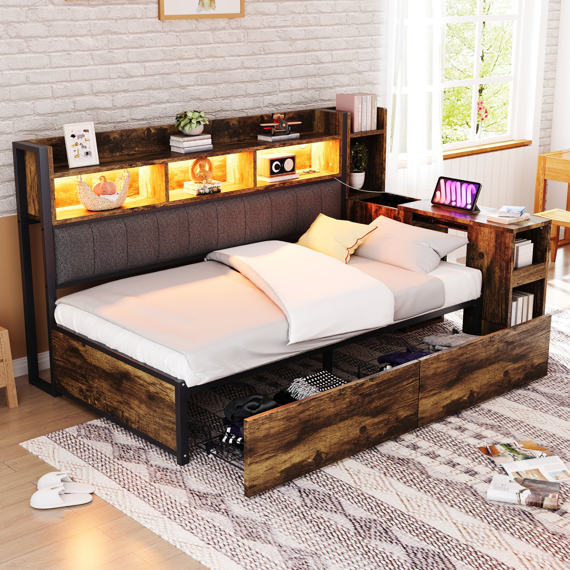 Gigab2b original image - Eisen Sofabett 90 x 200 cm, Mit vielseitigen Staufächern & Schließfächern, multifunktionalen Steckdosen & LED-Beleuchtung, Komplett mit großen Schubladen und einem ausziehbaren Schreibtisch Holzfarbe