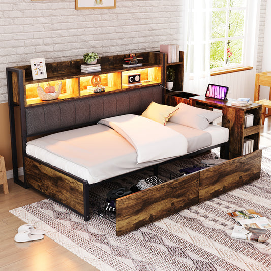 Gigab2b original image - Eisen Sofabett 90 x 200 cm, Mit vielseitigen Staufächern & Schließfächern, multifunktionalen Steckdosen & LED-Beleuchtung, Komplett mit großen Schubladen und einem ausziehbaren Schreibtisch Holzfarbe
