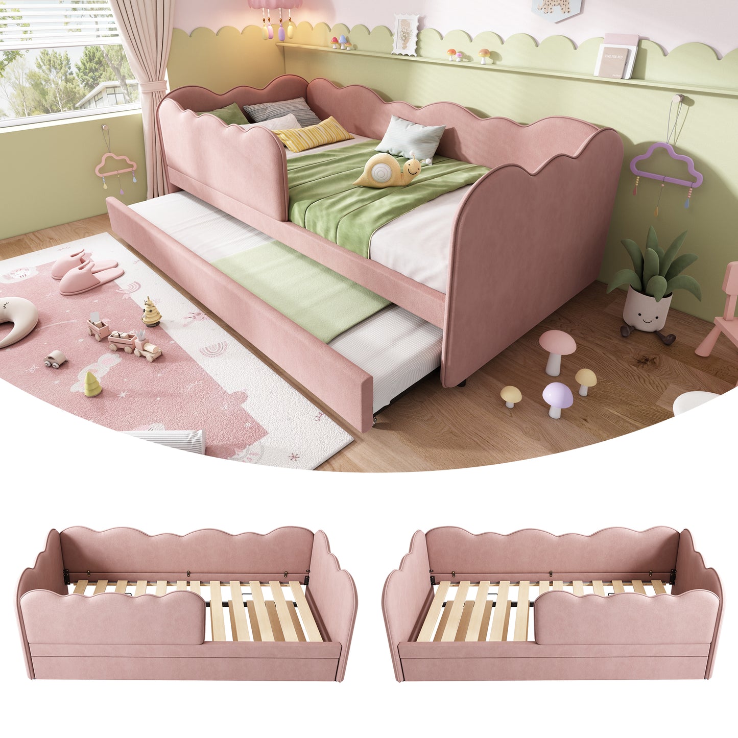Gigab2b original image - Polsterbett Daybett 90x190cm,Tagesbett Schlafsofa mit Ausziehbett 90x190cm, Kinderbett mit Lattenrost, Samt,Rosa, ohne Matratze