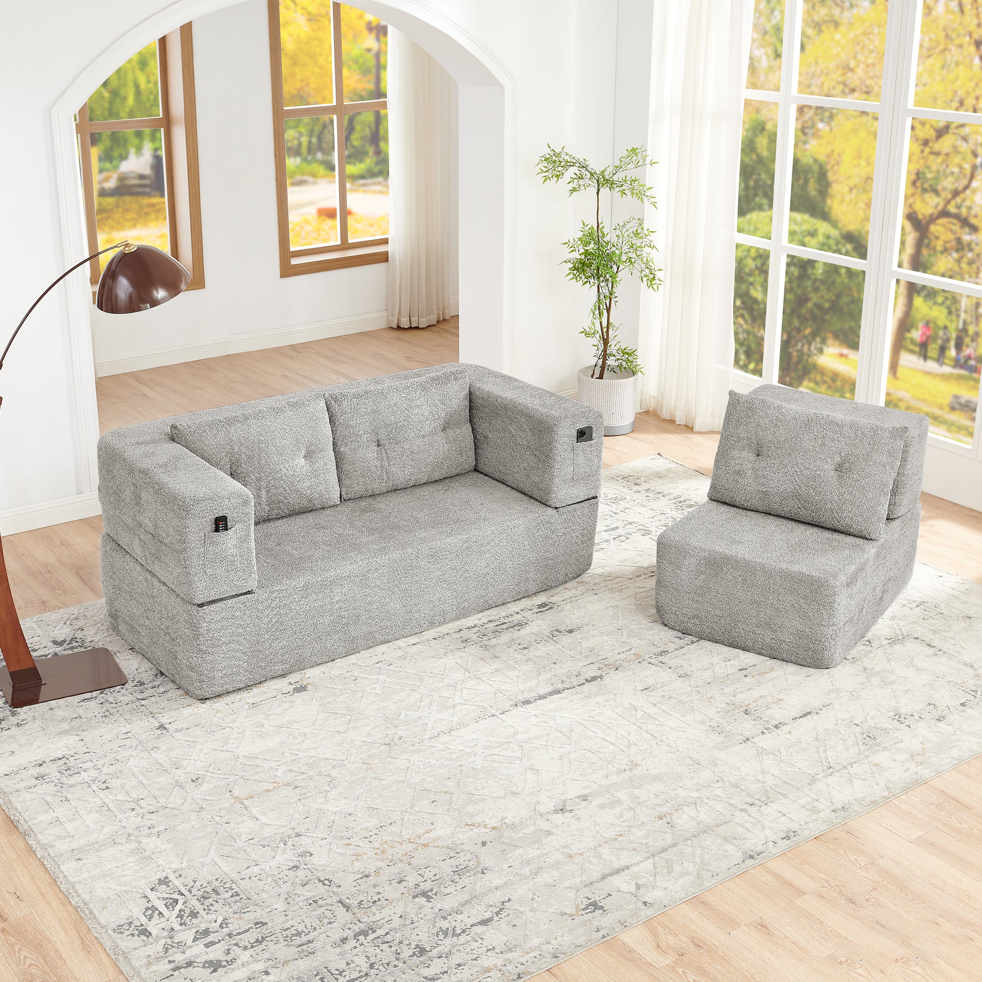 Gigab2b original image - Modulares Wolkensofa mit Sessel, Schlafsofa ohne Montage klappbar, Gästebett & Bodensofa, Verwandlungssofa mit Seitentaschen an der Armlehnen-Vorderseite für Handy und Fernbedienung, Hellgrau
