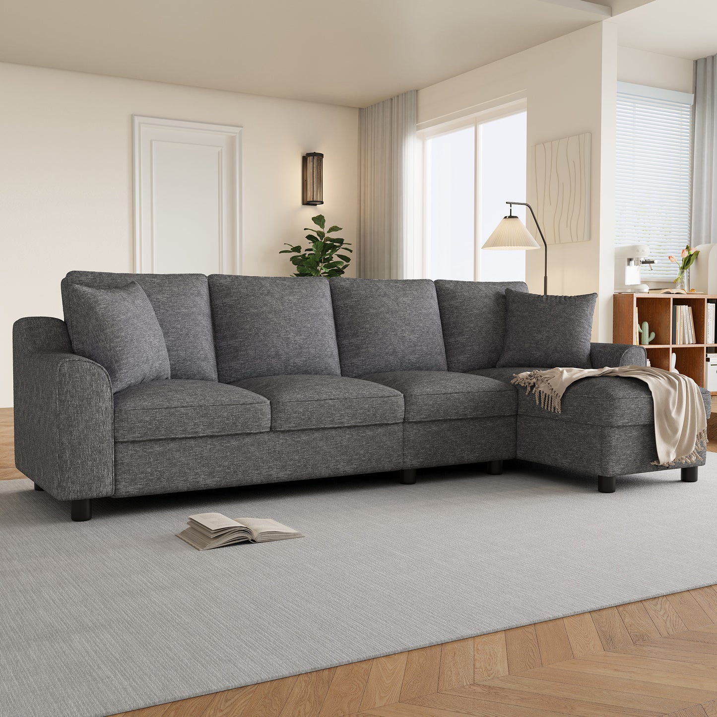 Modernes Chenille L-Form Sofa 3-Sitzer + Chaiselongue Ecksofa, Chaiselongue mit aufklappbarem Stauraum, klappbare Rückenlehne mit Getränkehaltern, multifunktionales modulares Sofa, Grau, 280×136×82cm