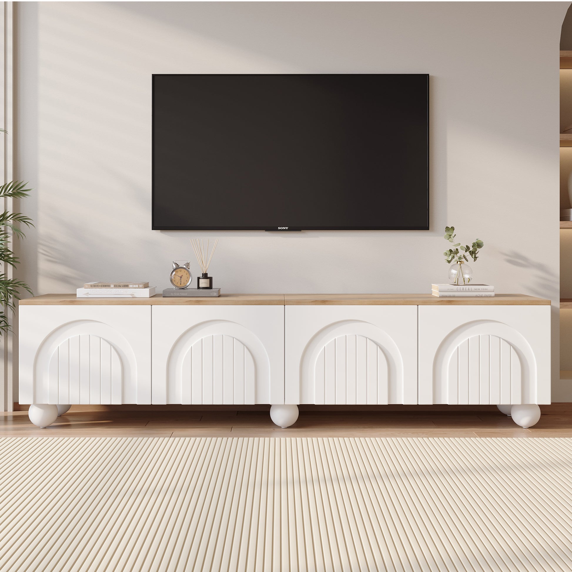 180*40*45cm TV schrank mit 4 Schränken,TV stand und Fernsehschrank mit 6 Kugelfuß Metallbeine, Lowboard und Fernsehtisch,TV-Board und TV-Kommode Geeignet für Fernseher um 80 Zoll, Holzfarbe+Weiß