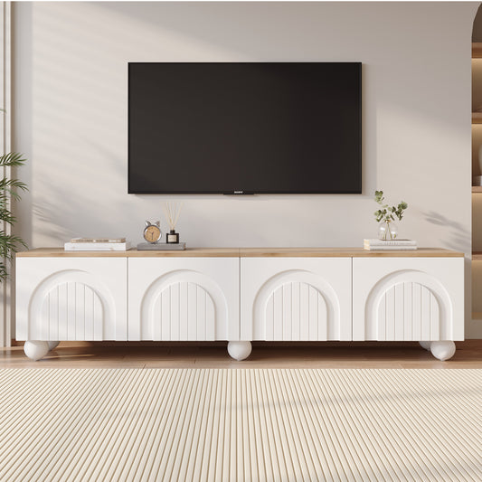 180*40*45cm TV schrank mit 4 Schränken,TV stand und Fernsehschrank mit 6 Kugelfuß Metallbeine, Lowboard und Fernsehtisch,TV-Board und TV-Kommode Geeignet für Fernseher um 80 Zoll, Holzfarbe+Weiß