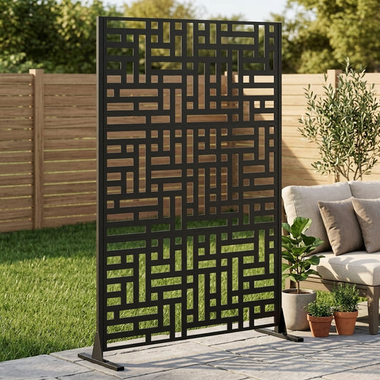 Gigab2b original image - Metal Privacy Screen for Outdoor Freestanding, 183 x 116cm Decorative Metal Fence Panels with Stable Base, Portable Divider Screens for Patio, Deck, Balcony, Backyard, Garden