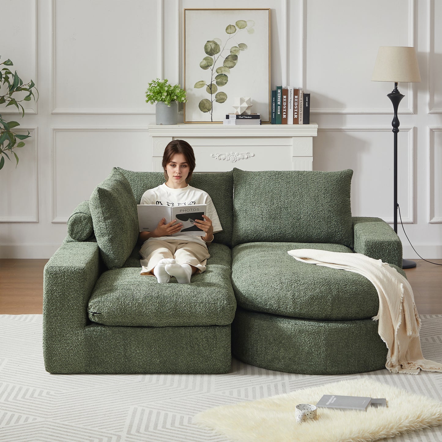 Chenille-Sofa mit gebogenen Elementen und Liegestuhl, vollständig komprimiert und ohne Gestell, modulares Kombinationssofa L-Liegestuhl, Schaumstoff-Kompressionssofa, keine Montage erforderlich