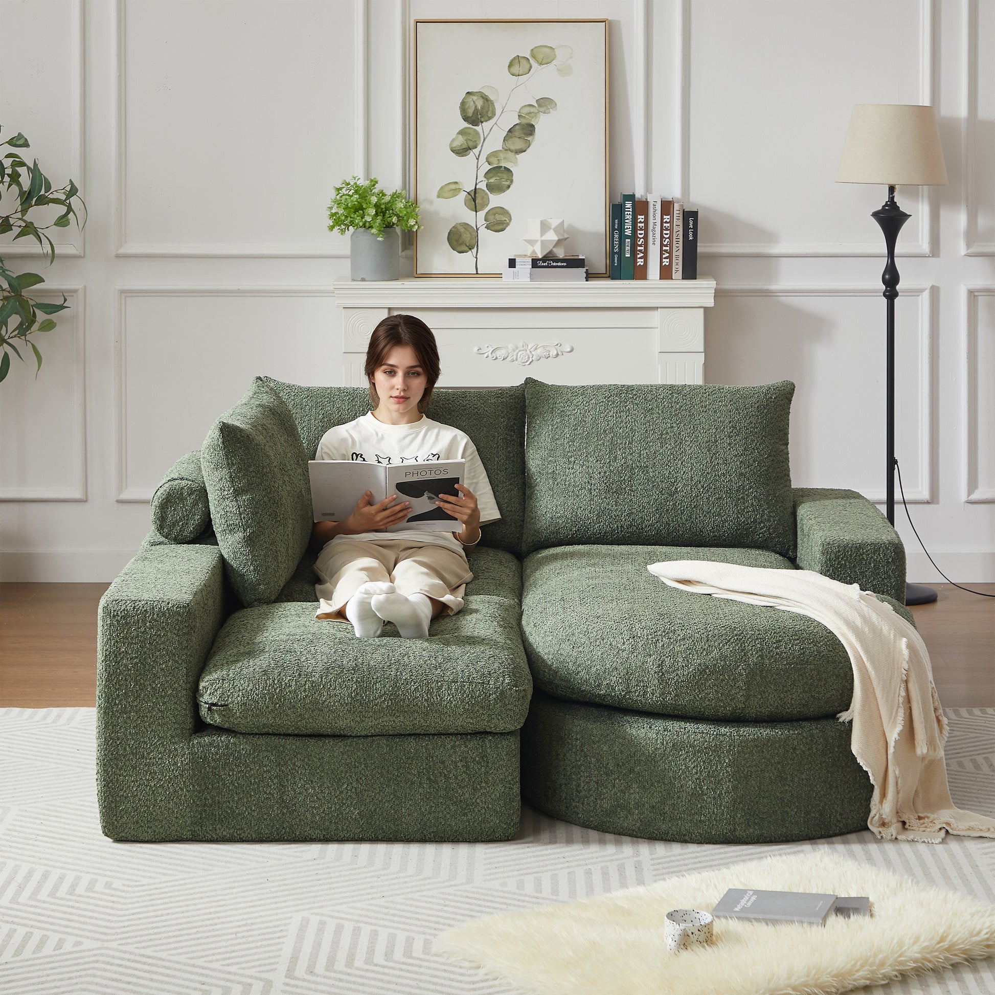 Chenille-Sofa mit gebogenen Elementen und Liegestuhl, vollständig komprimiert und ohne Gestell, modulares Kombinationssofa L-Liegestuhl, Schaumstoff-Kompressionssofa, keine Montage erforderlich