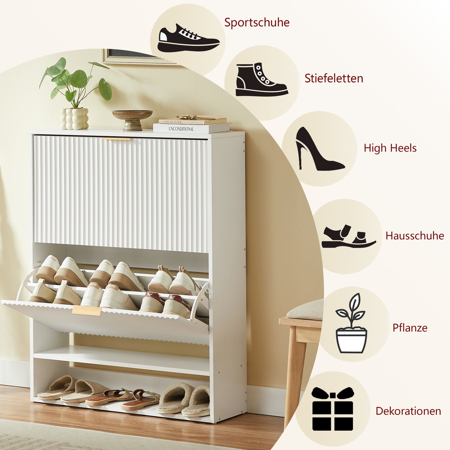 80 x 24 cm Schuhschrank mit Nutfront – Höhenverstellbar mit Kippschutz und Dekotisch für den Flur, in Weiß