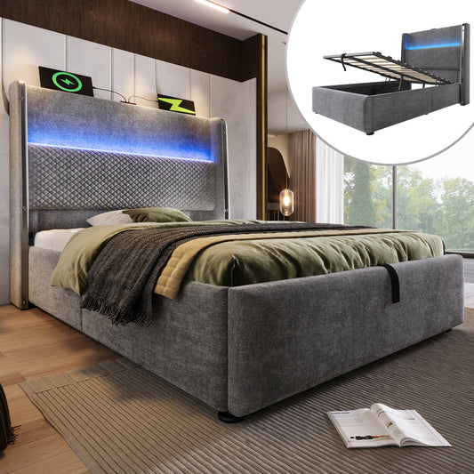Gigab2b original image - Modernes Hydraulisches Bett mit Hohem Kopfteil, 90x200cm Einzelbett mit LED-Beleuchtung, Stauraum & USB/Type-C-Anschlüssen, in Leinen Optik Grau (Ohne Matratze)