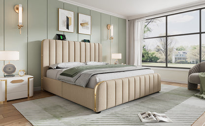 Polsterbett Doppeltes, gepolstertes Kopfteil mit goldenen Zierstreifen und ,USB Typ-C Ladefunktion 140*190 cm, Beige Leinen-Material mit 4 Schubladen ,Belastbarkeit 181 kg (Ohne Matratze)