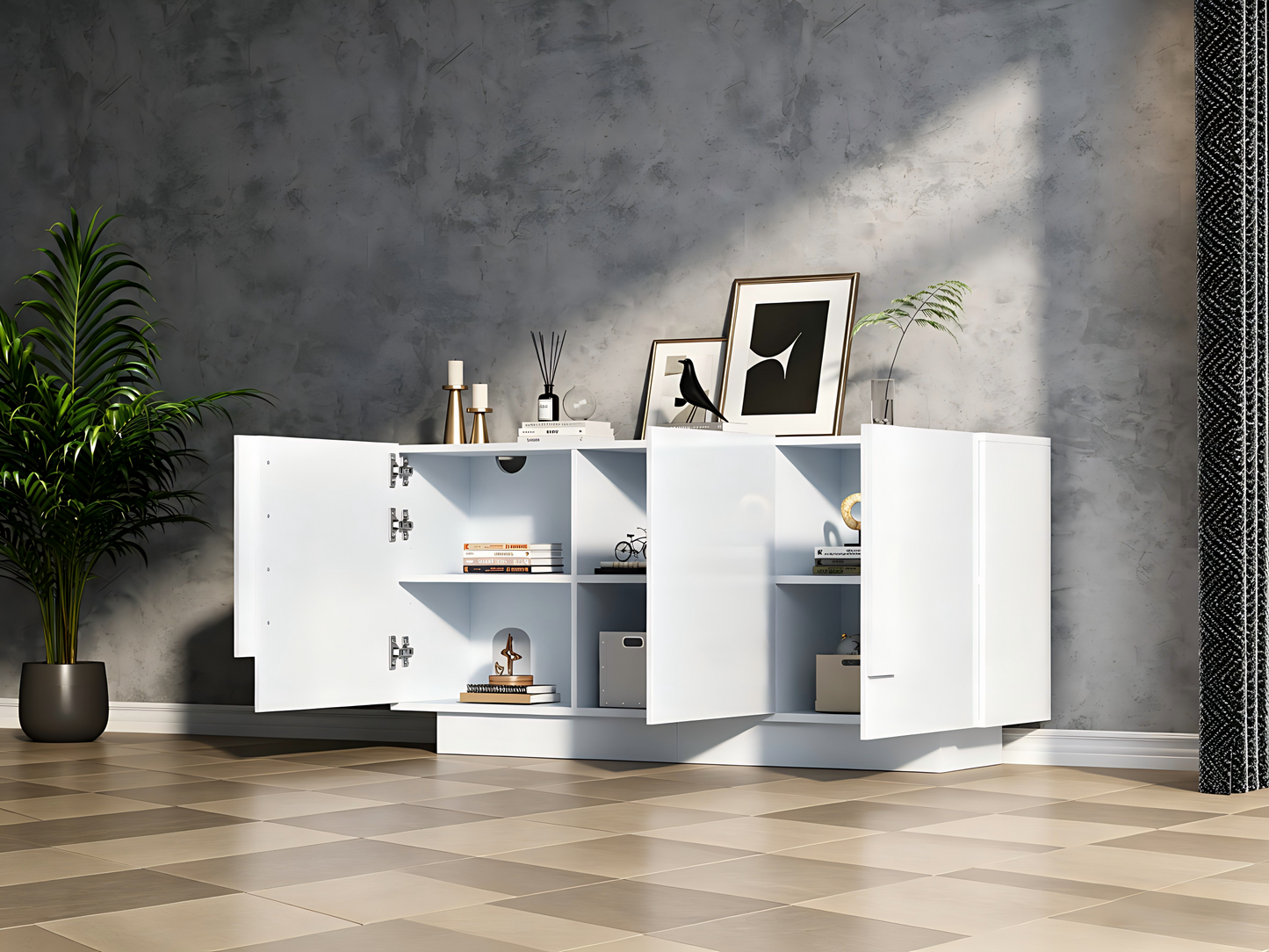 Wohnzimmer-Sideboard (35 x 160 x 60 cm), ein Wohnzimmerschrank mit 3 Türen, Hochglanz-Aufbewahrung, 6 Ablagefächern und viel Stauraum.Breiter Schrank, weiß, Spanplatte, leicht zu reinigen,kommode