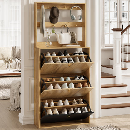 Modern Foldable Shoe Cabinet with Hooks for Hallway Storage