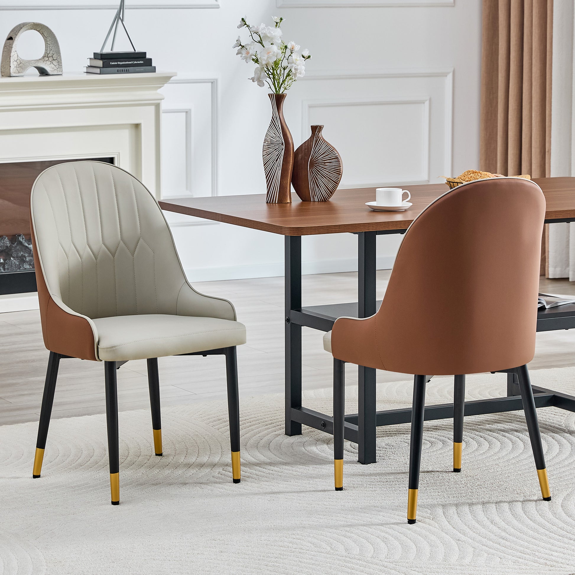 2er-Set PU-Stühle in Warmgrau und Braun, Blitzmuster-Rückenlehne, verdickte, hoch elastische Polsterung, robuster Metallrahmen. Ideal für private Küchen, Cafés, gewerbliche Räume und mehr.