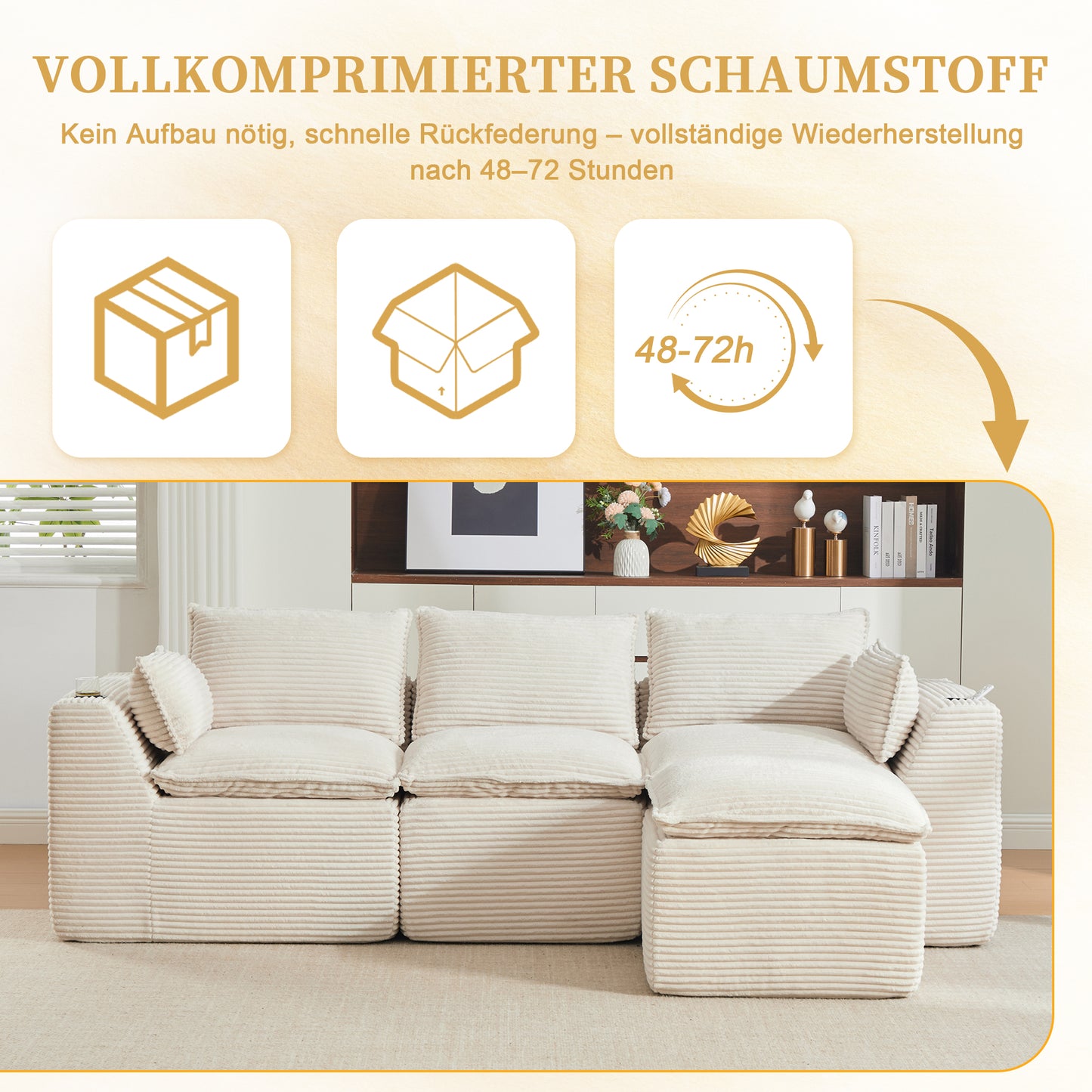 Modulares 3-Sitzer-Sofa + Fußhocker, inklusive Kissen, Getränkehalter und 2 Seitentaschen. Mit einer Füllung aus Schaumstoff und Federkern. Ideal für Wohnzimmer und ähnliche Räume (beiger Cordstoff)