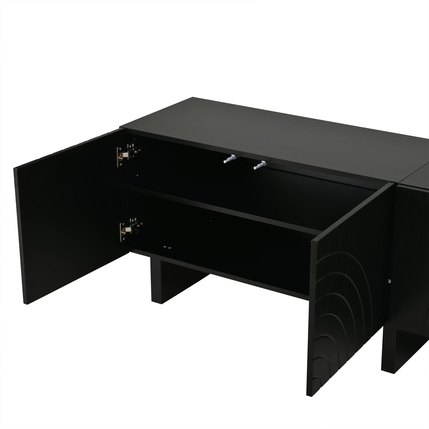 180 × 40 × 55 cm Schwarzes TV-Bank aus Spanplatte, Modernes Lowboard mit Struktur für Wohnzimmer,Fernsehschrank mit 4 Türen, TV-Halterung, Aufbewahrungsschrank.Geeignet für 75-Zoll-Fernseher